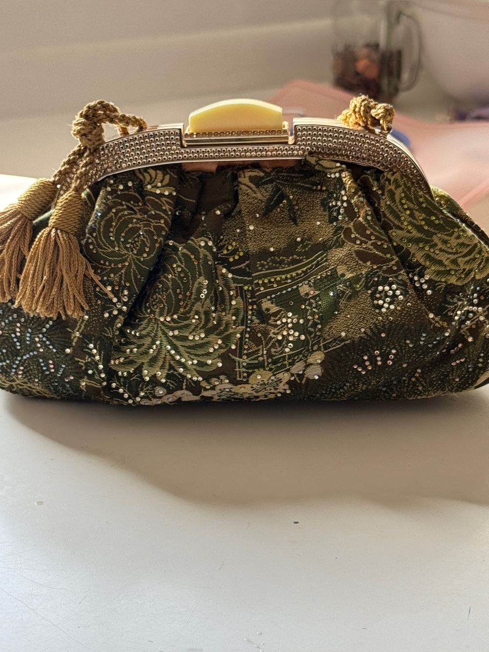 Judith Leiber Vintage Olive Gold Brown Swarovski Crystal Evening Bag